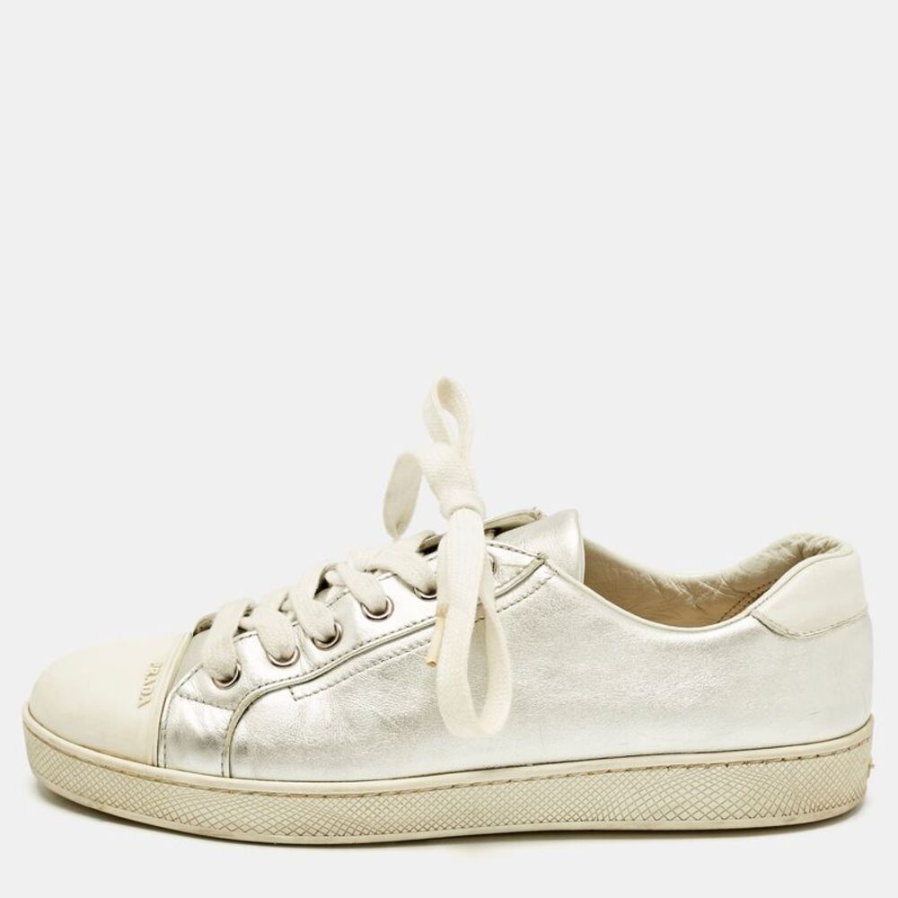 Prada Silver/white  Leather And Rubber Cap Toe Lace Up Sneakers Size 37.5